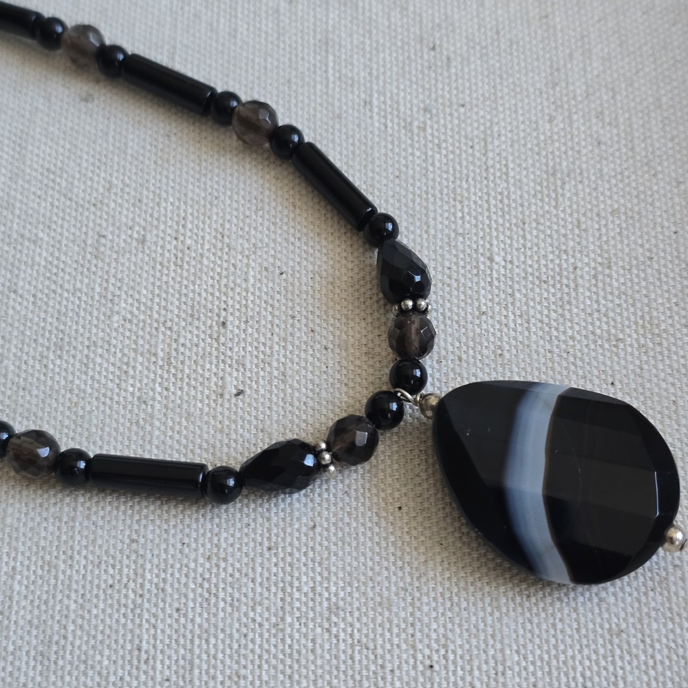 Sterling Silver 925 Black Onyx Banded Agate Pendant Necklace Faceted Gemstone